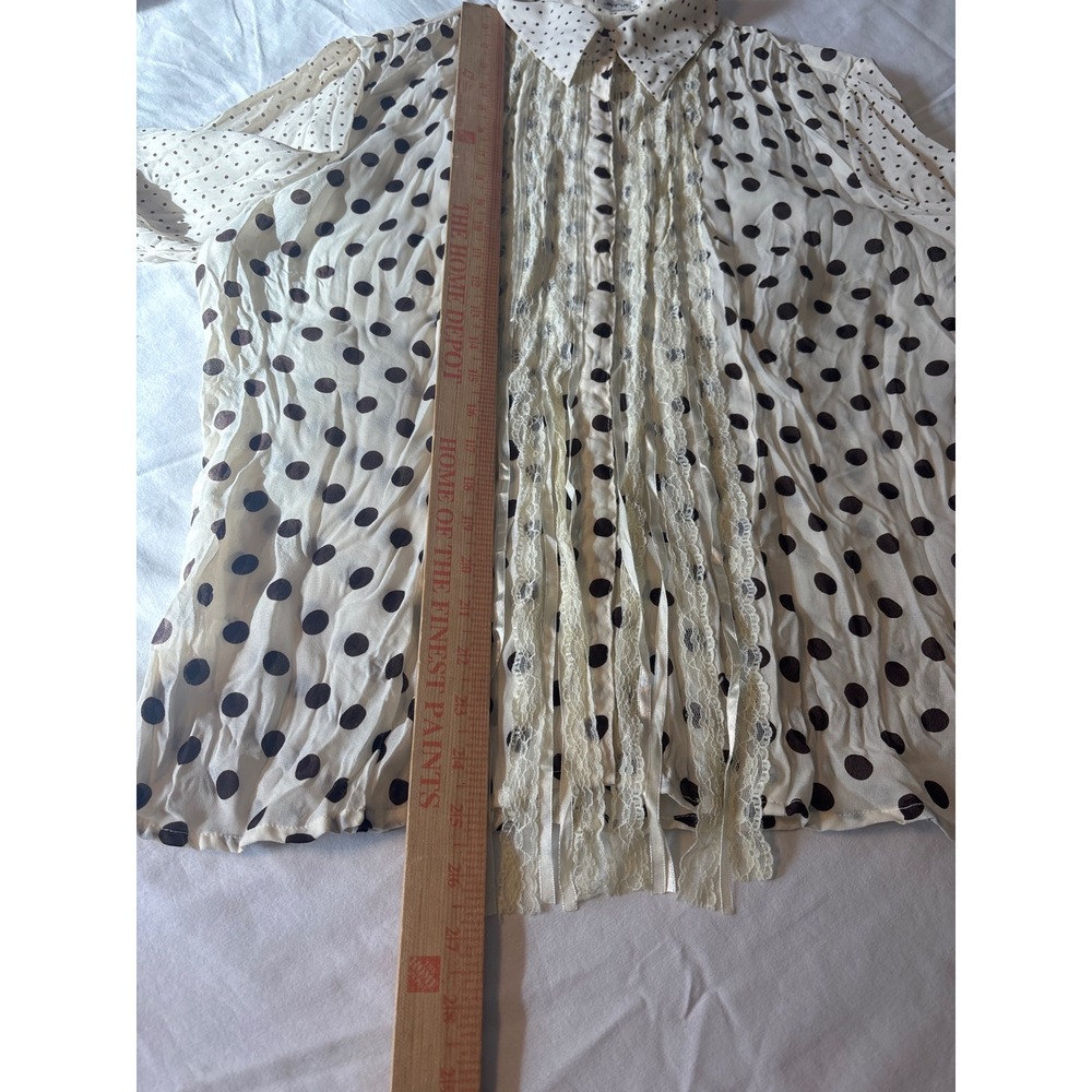 Jaipur Polka Dot Blouse Womens XL Cream Black  Lace Trim Button Down - Picture 3 of 11